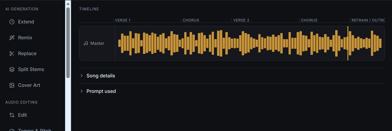 The Lyrixsa Studio tool rail and section-marked timeline.