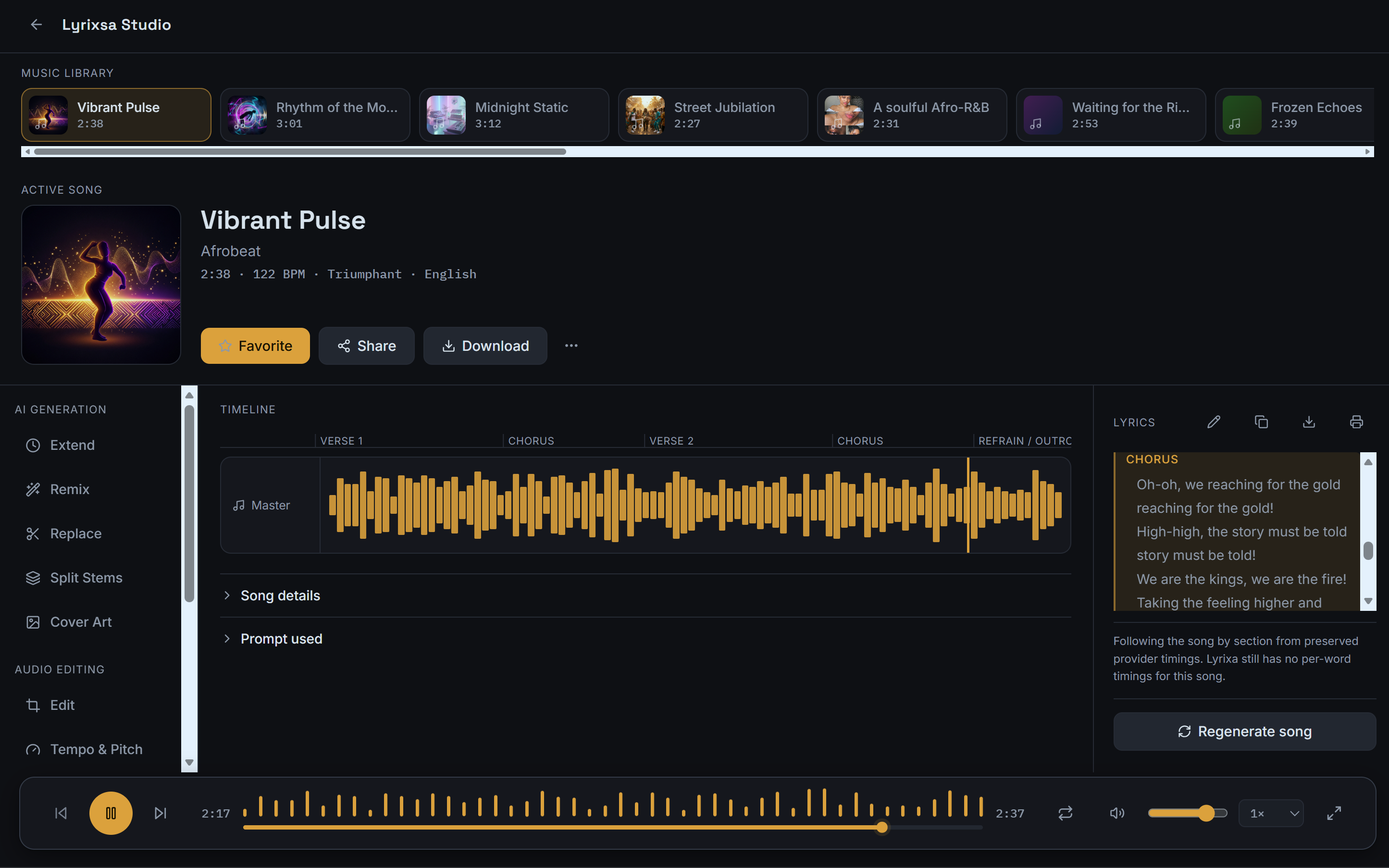 The Lyrixsa Studio workspace: a tool rail with Extend, Remix, Replace, Split Stems and Cover Art, a timeline marked up by verse and chorus, and the song's lyrics laid out section by section.