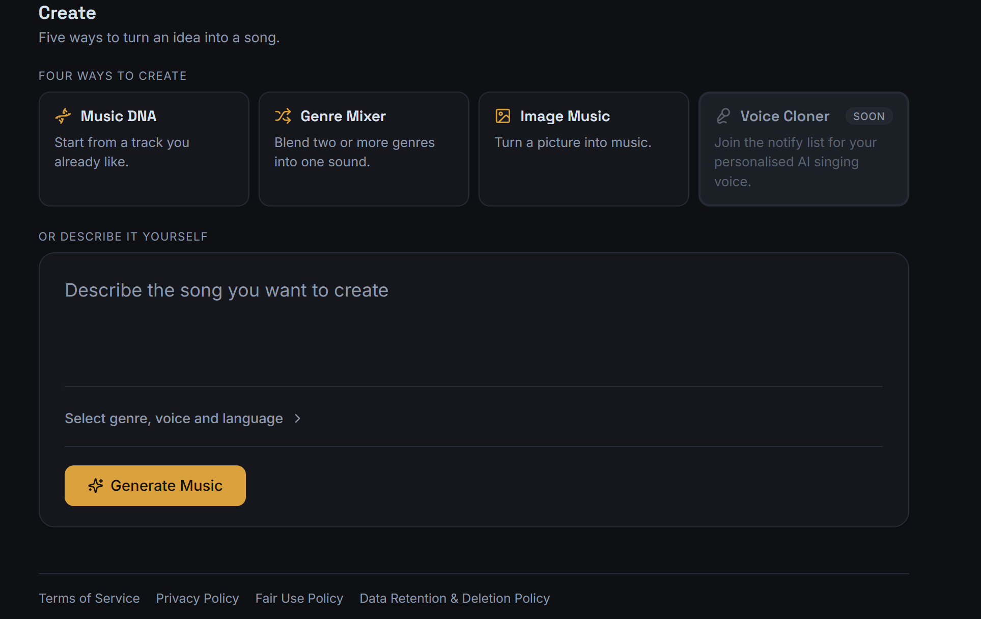 The Lyrixsa AI Create screen showing four ways to create a song: Music DNA, Genre Mixer, Image Music and Voice Cloner, with a description box and genre, voice and language selectors.