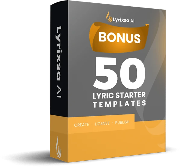 Bonus one: the 50 Lyric Starter Templates pack, a grey and gold Lyrixsa AI box marked BONUS, create, license, publish.
