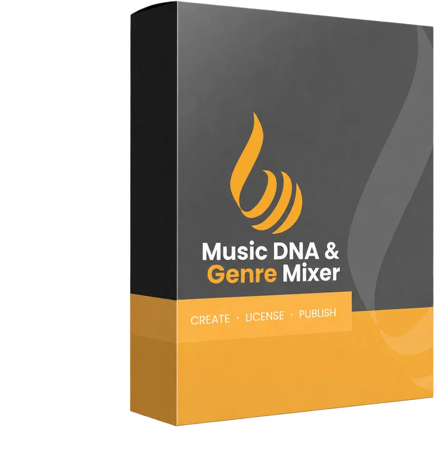 The Music DNA & Genre Mixer box — a grey and gold Lyrixsa AI product box reading Music DNA & Genre Mixer, create, license, publish.