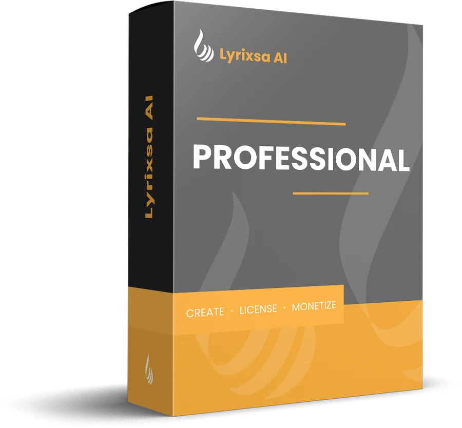 The Lyrixsa AI Professional box — a grey and gold Lyrixsa AI product box reading PROFESSIONAL, create, license, monetize.