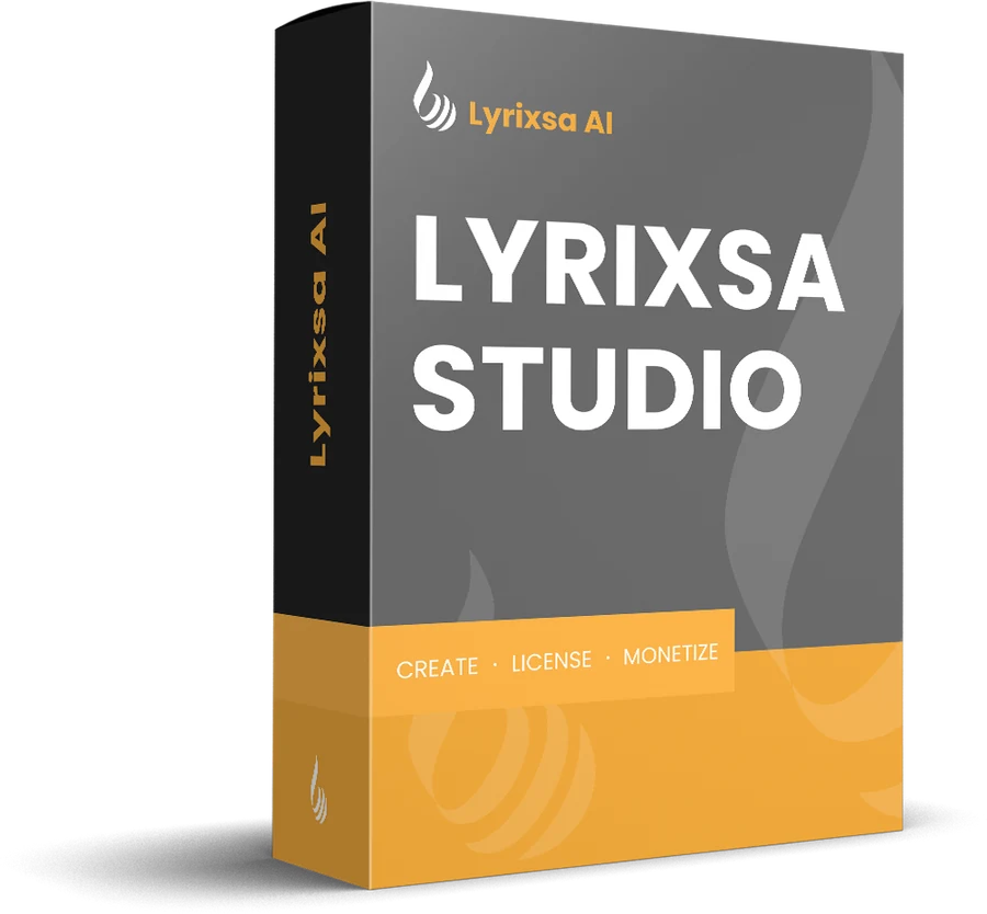 The Lyrixsa AI Studio box — a grey and gold Lyrixsa AI product box reading LYRIXSA STUDIO, create, license, monetize.