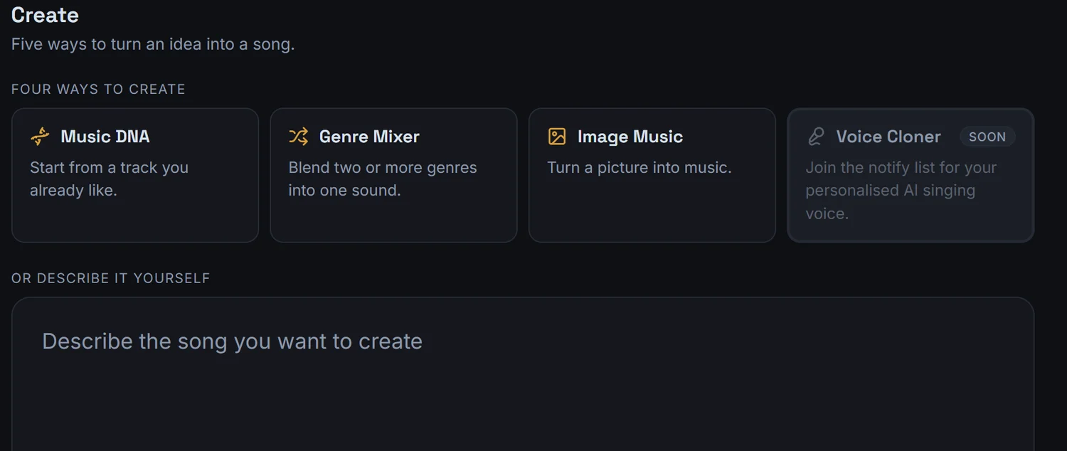 The Lyrixsa Create screen showing four ways to start a song and a prompt box for describing the song you want.