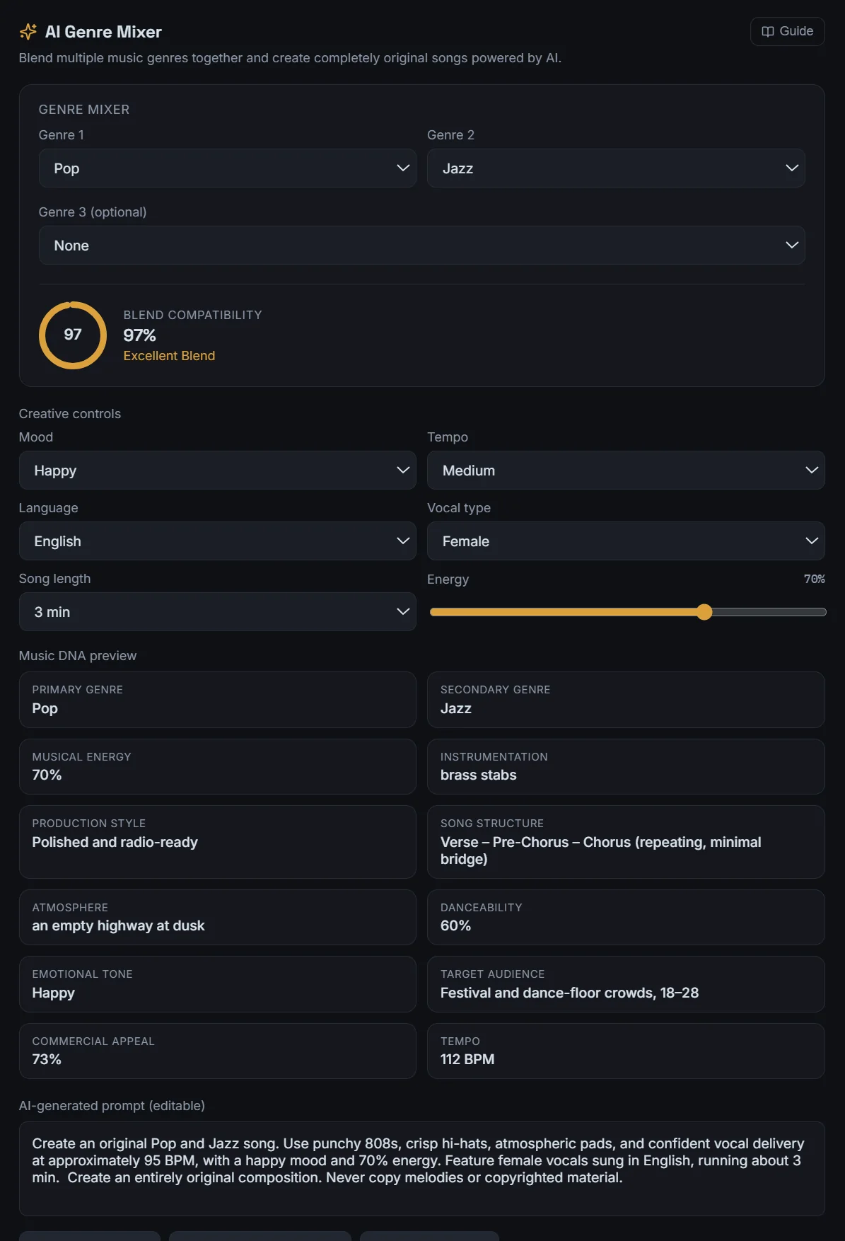 AI Genre Mixer blending Pop and Jazz with a 97 percent blend compatibility score and creative controls for mood, tempo, language, vocal type, song length and energy.