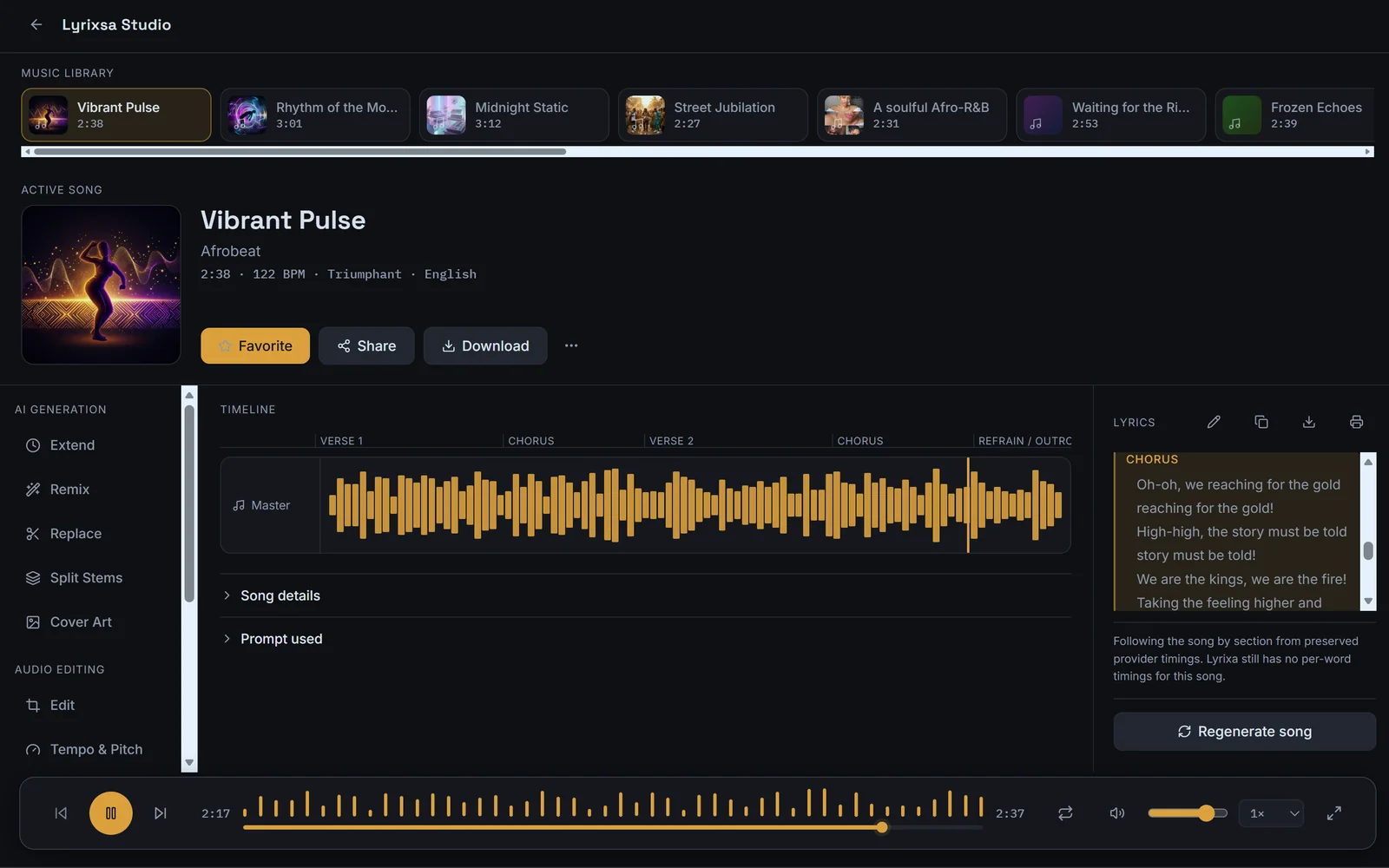 Lyrixsa AI Studio timeline showing verse, chorus and outro sections of a song with the lyrics panel and editing tools.