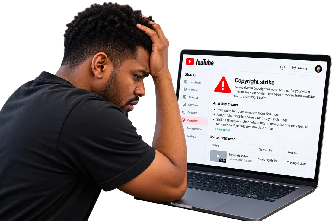 A creator sits with his head in his hand in front of a laptop showing a YouTube Studio copyright strike notice, which reads that the video has been removed, a strike added to the channel, and that strikes affect the channel's ability to monetize.
