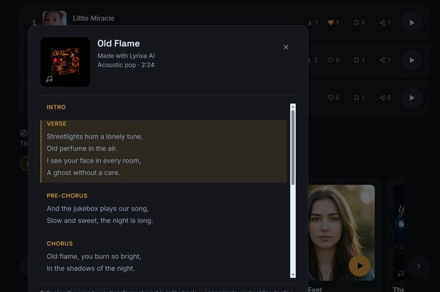 A Lyrixsa AI lyrics view, showing a song's intro, verse, pre-chorus and chorus sections laid out as labelled blocks.