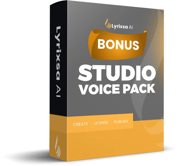 Bonus 2: the Studio Voice Pack, a silver and gold Lyrixsa AI box marked BONUS, create, license, publish.