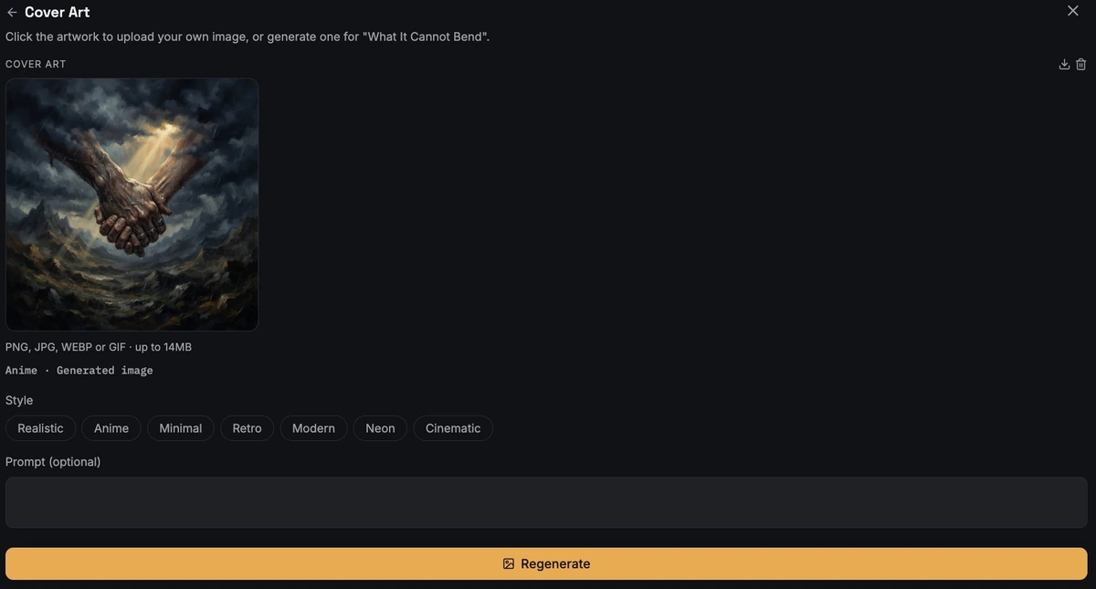 The Cover Art panel in Lyrixsa Studio: the current generated artwork for the active song, accepted upload formats, a row of Realistic, Anime, Minimal, Retro, Modern, Neon and Cinematic style presets, an optional prompt field and a Regenerate button.