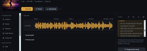 Lyrixsa Studio, showing the waveform timeline, section markers and the AI generation tool rail.