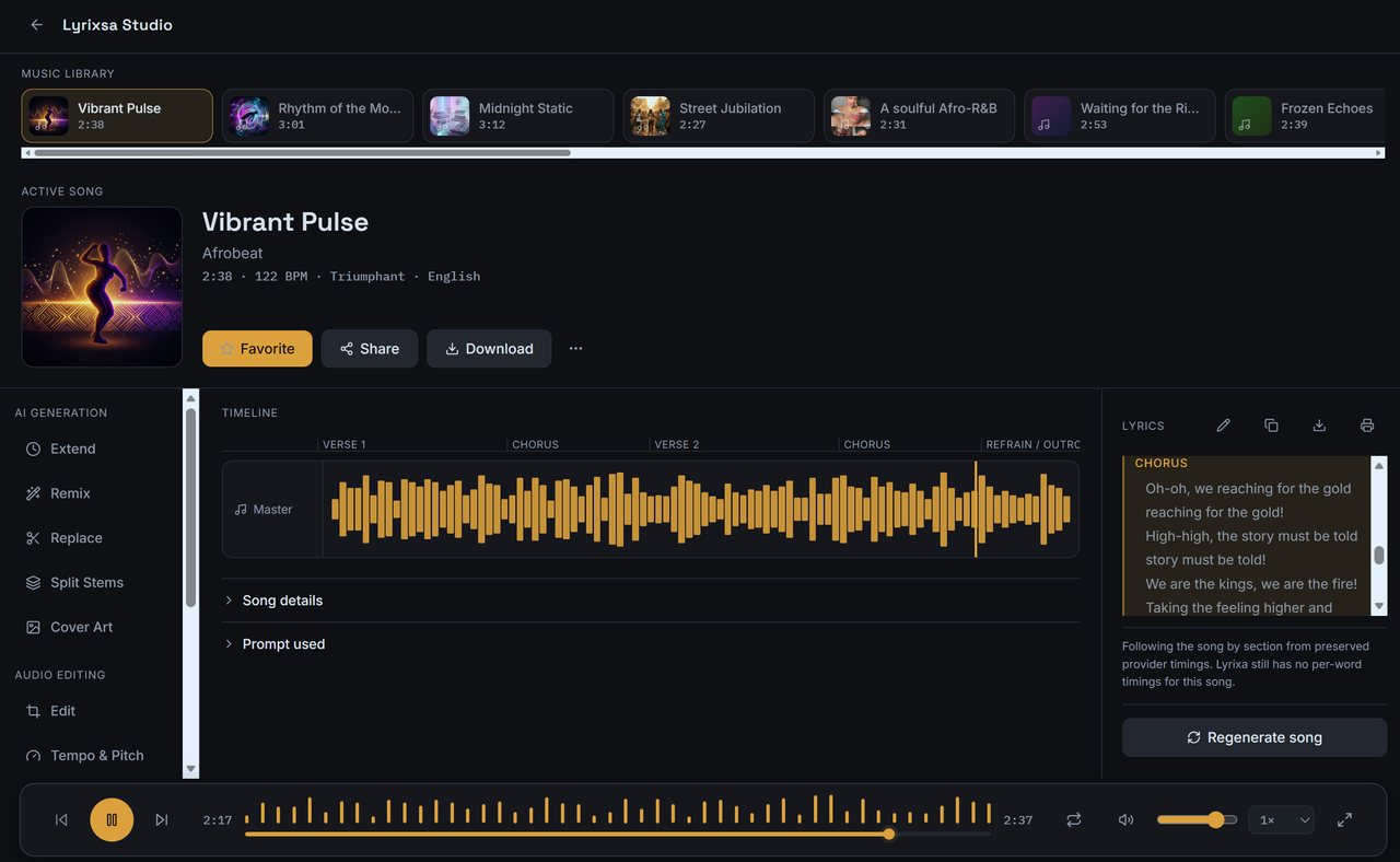 Lyrixsa Studio: the music library strip, the active song with its cover art and details, a waveform timeline marked with verse, chorus and refrain sections, the AI generation and audio editing tool rail, and the lyrics panel.