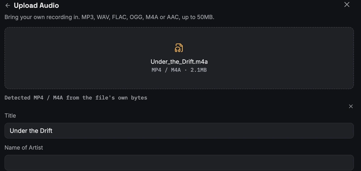 The Lyrixsa Studio Upload Audio panel: bring your own recording in as MP3, WAV, FLAC, OGG, M4A or AAC up to 50MB, with the uploaded file detected from its own bytes and title and artist fields ready to fill in.
