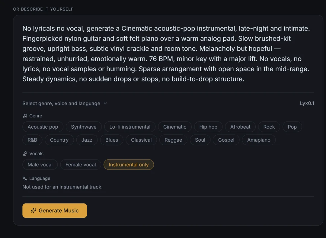 The Lyrixsa AI create screen with a written description of a cinematic acoustic-pop instrumental, the genre row, and Instrumental only selected under Vocals instead of Male vocal or Female vocal. Language reads: Not used for an instrumental track.