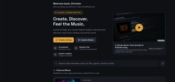 The Lyrixsa AI home page, with a discoverable-music search and a Featured Music catalog.