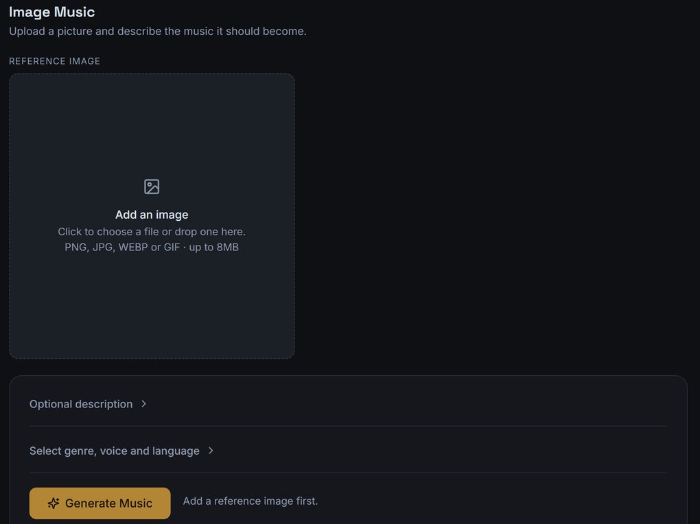 The Lyrixsa AI Image Music screen: a reference-image drop zone accepting PNG, JPG, WEBP or GIF up to 8 MB, with optional description and genre, voice and language settings above a Generate Music button.
