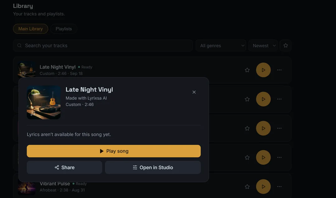 The Lyrixsa AI library with a finished instrumental track called Late Night Vinyl, marked Ready, 2 minutes 46 seconds, with a note that lyrics are not available for this song and buttons to play, share or open it in Studio.