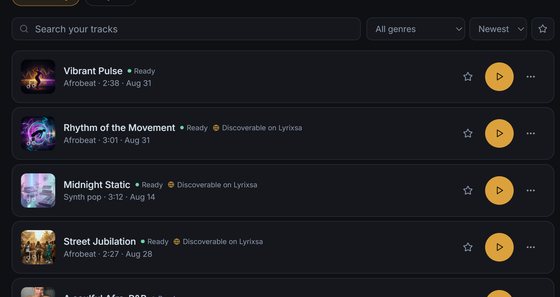 The Lyrixsa AI Library, listing tracks with genre, duration, date and their discoverable-on-Lyrixsa status.