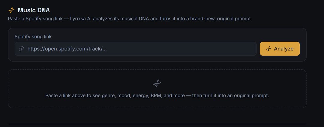 The Lyrixsa AI Music DNA screen: a Spotify song link field with an Analyze button, above the note that pasting a link reveals genre, mood, energy, BPM and more before turning it into an original prompt.