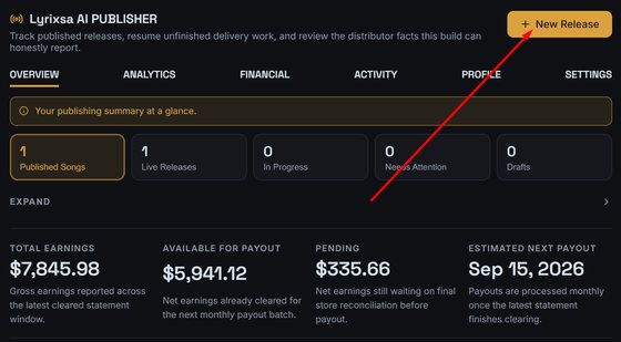 The Lyrixsa AI Publisher overview, with published songs, earnings, payout figures and per-store stream counts.