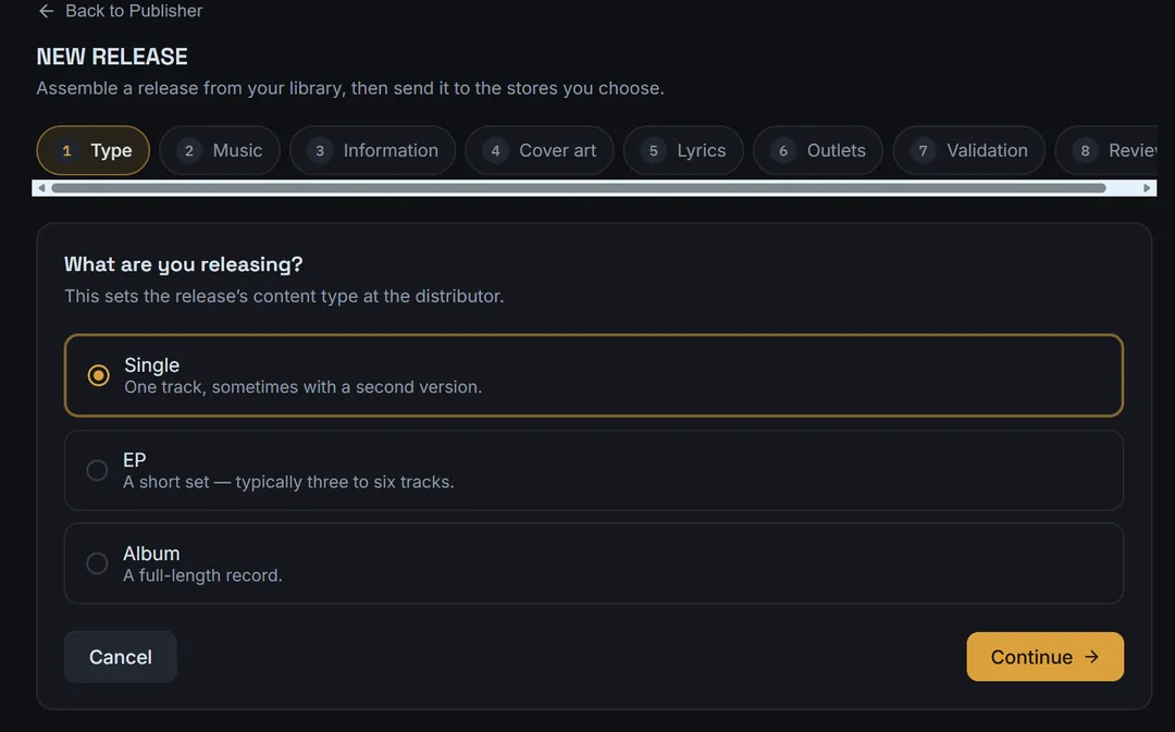 The Lyrixsa Publisher new-release wizard, on the first step: choosing between Single, EP and Album.