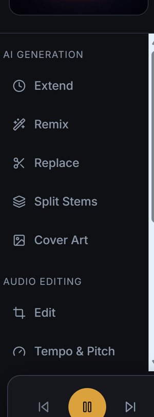 The Studio tool rail, listing AI generation tools Extend, Remix, Replace, Split Stems and Cover Art, then audio editing tools Edit and Tempo and Pitch.