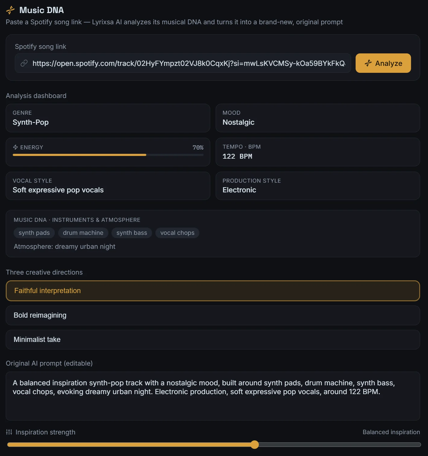 The Lyrixsa AI Music DNA screen: a song link field with an Analyze button, an analysis dashboard showing genre, mood, energy, tempo, vocal style and production style, an instruments and atmosphere card, three creative directions, and an editable original prompt.