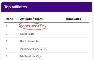 DomainRack main contest Top Affiliates table. Rank 1 is GOODLUCK-EFE, circled in red, ahead of Calin Ioan, Radu Heracle and 28 more affiliates.