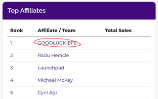 MarketBooks AI opening contest Top Affiliates table. Rank 1 is GOODLUCK-EFE, circled in red, above Radu Heracle, Launchpad and Michael McKay.