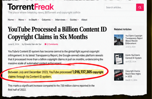 TorrentFreak article headlined &ldquo;YouTube Processed a Billion Content ID Copyright Claims in Six Months&rdquo;, with the figure 1,016,137,305 claims circled in red in the article text.