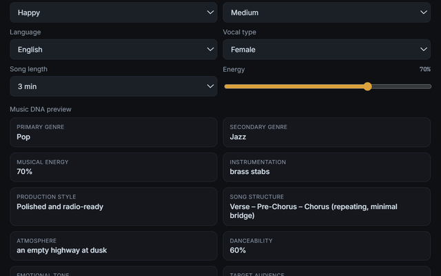 The creative controls of the Genre Mixer, including a language selector set to English and a vocal type selector