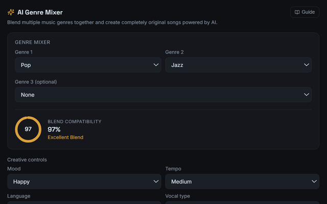 The AI Genre Mixer with Pop and Jazz selected and a 97% blend compatibility score shown before any song is generated