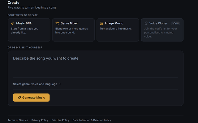 The Create screen: Music DNA, Genre Mixer and Image Music entry points above a free-text prompt box with genre, voice and language selectors