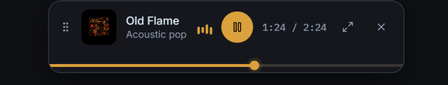 The persistent mini player docked over the app, showing a track title, a pause button, elapsed and total time, and a seek bar