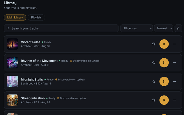 The Library screen listing generated tracks with a search box, a genre filter, a sort control and per-track play and favorite buttons