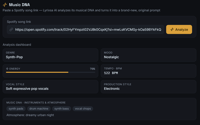 The Music DNA screen with a Spotify track link analyzed into genre, mood, an energy percentage and a BPM figure