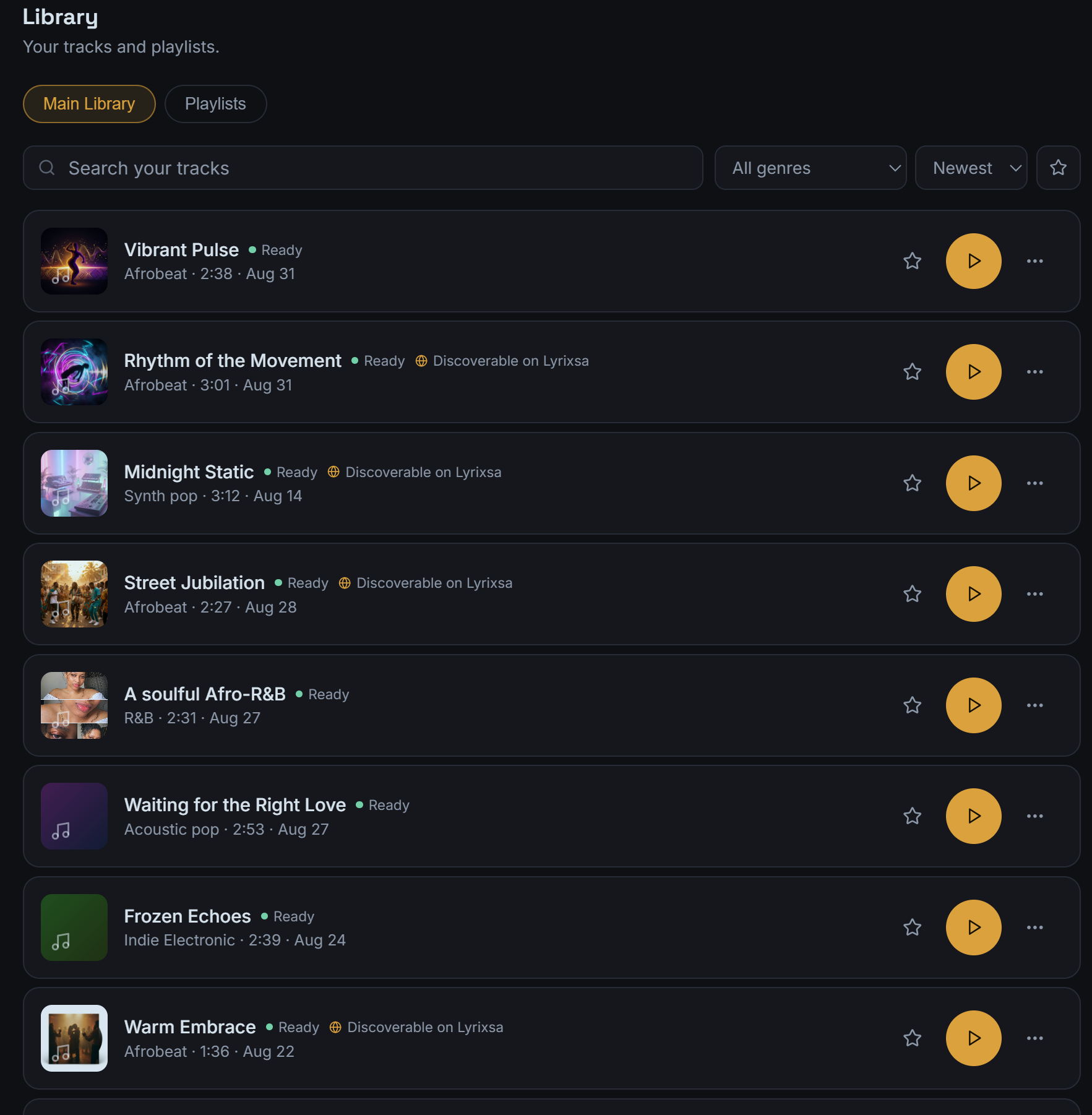 Song library with search, filters and playlists