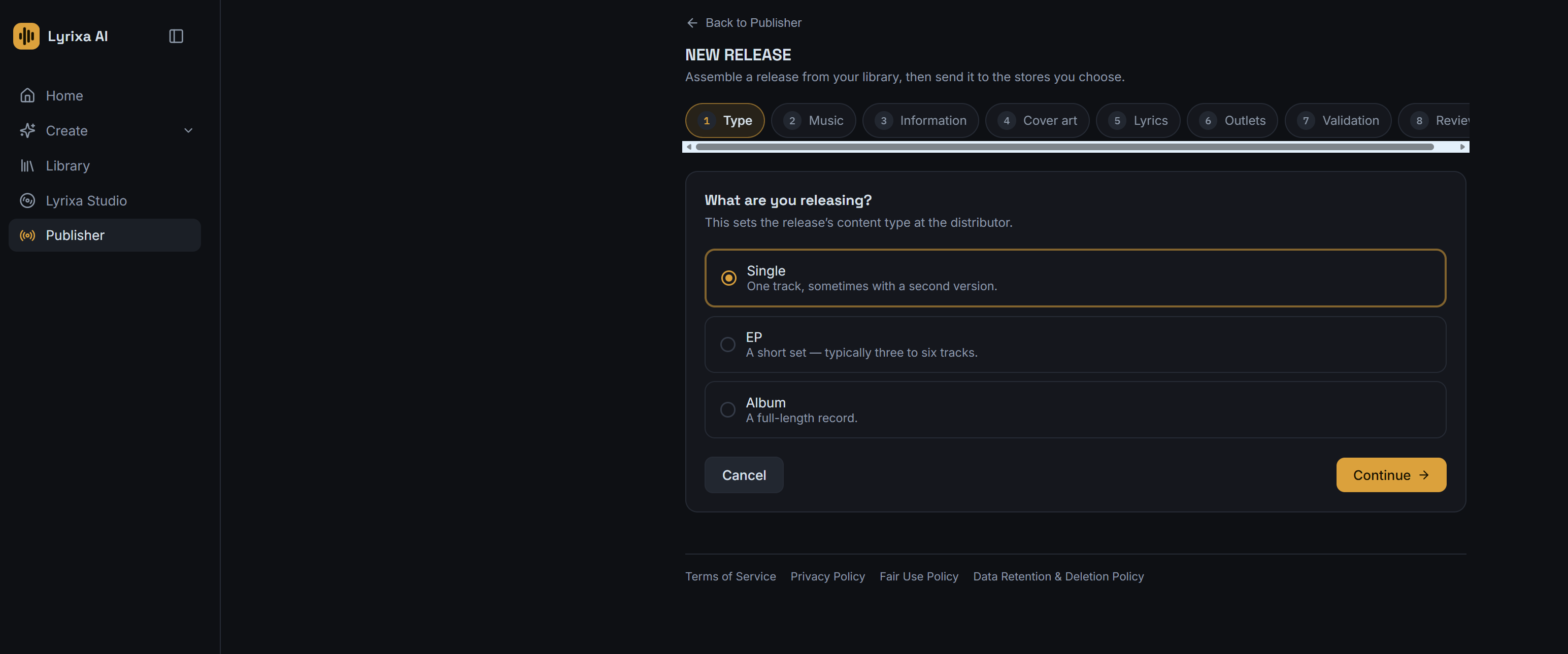 Publisher overview screen