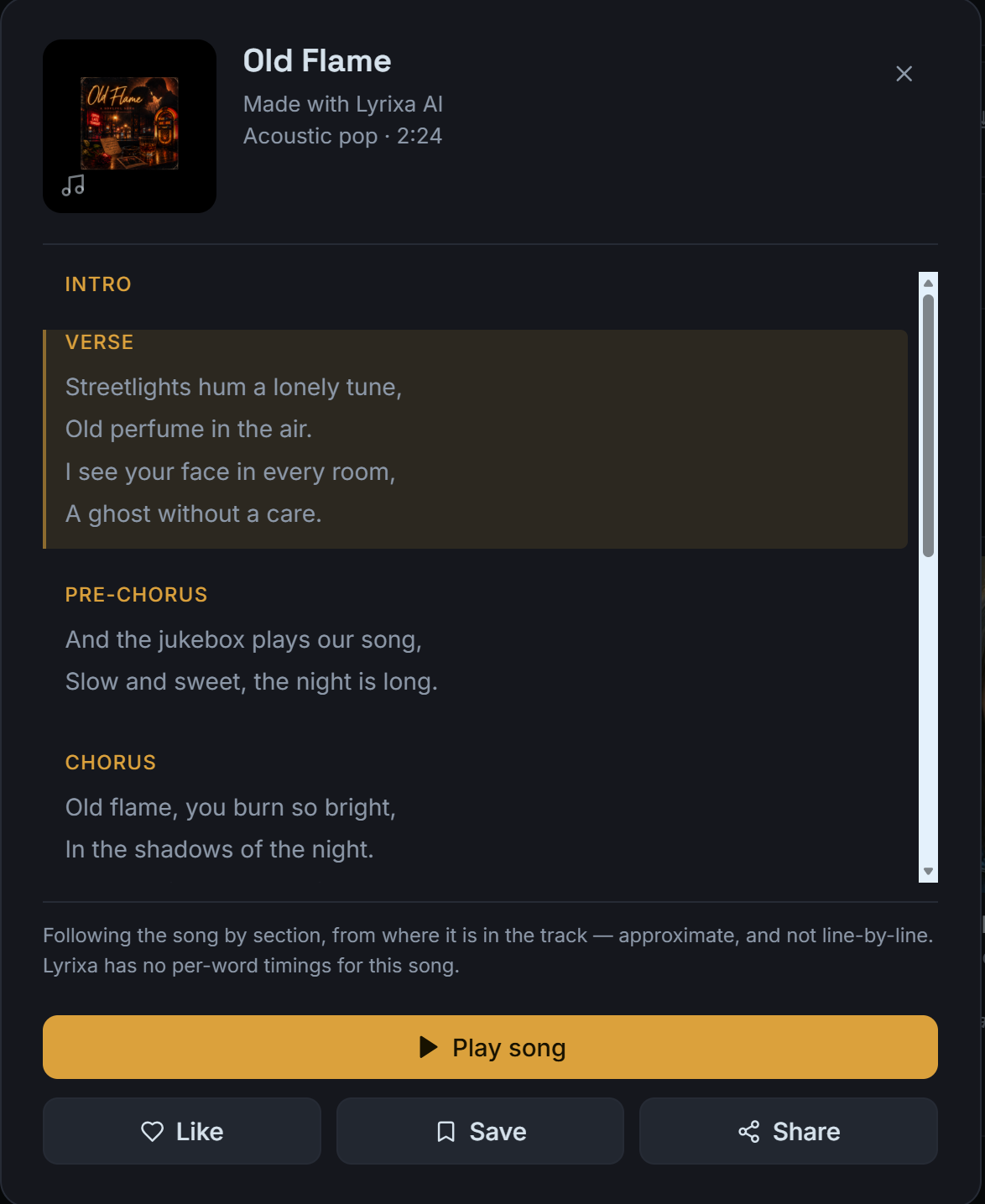 The finished song's detail panel: lyrics laid out as labeled sections — intro, verse, pre-chorus and chorus — above play, like, save and share controls.