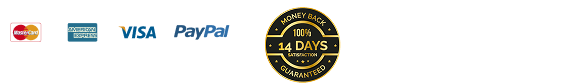 Accepted payment methods — Mastercard, American Express, Visa and PayPal — and a 14-day money-back guarantee seal.