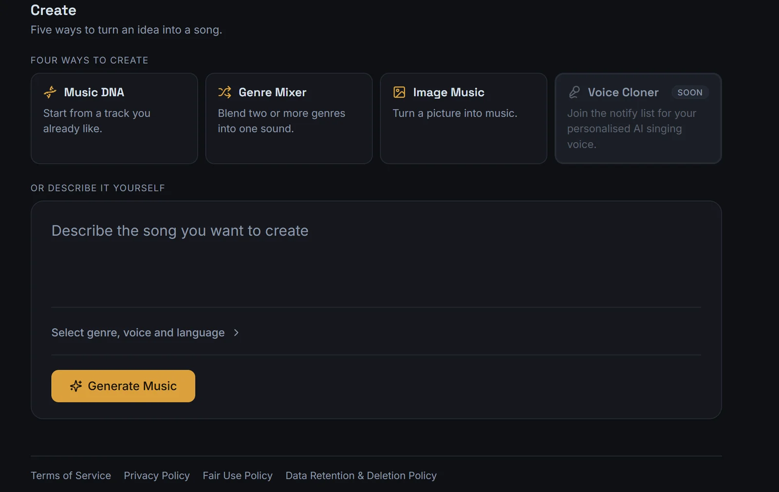 The Lyrixsa AI create screen showing Music DNA, Genre Mixer and Image Music alongside a describe-your-song field.