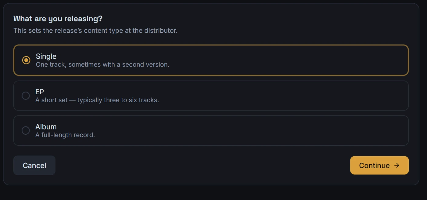 The Lyrixsa Publisher new-release step asking what you are releasing, with Single, EP and Album options.